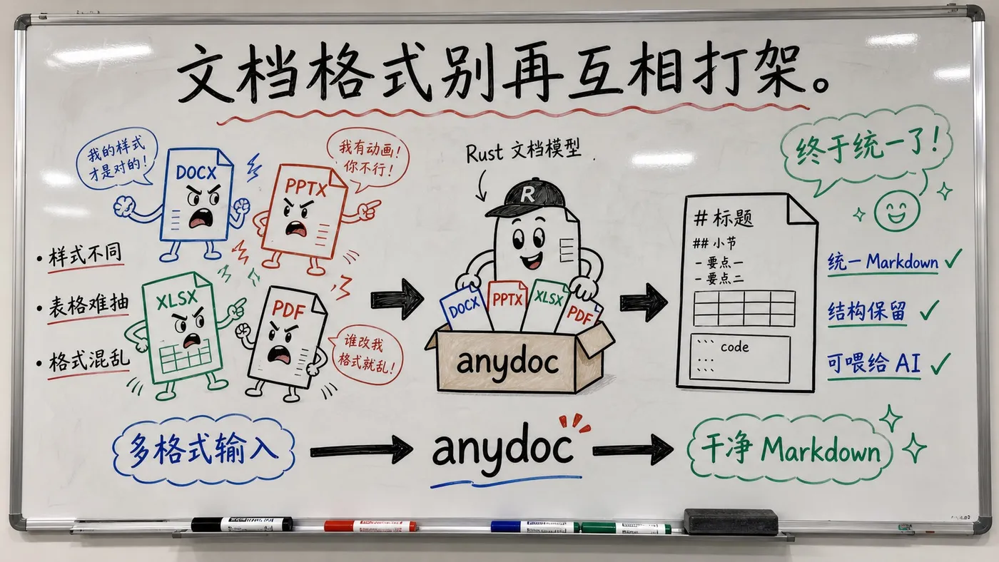 趣味创作白板图：DOCX、PPTX、XLSX、PDF 被 anydoc 统一成干净 Markdown
