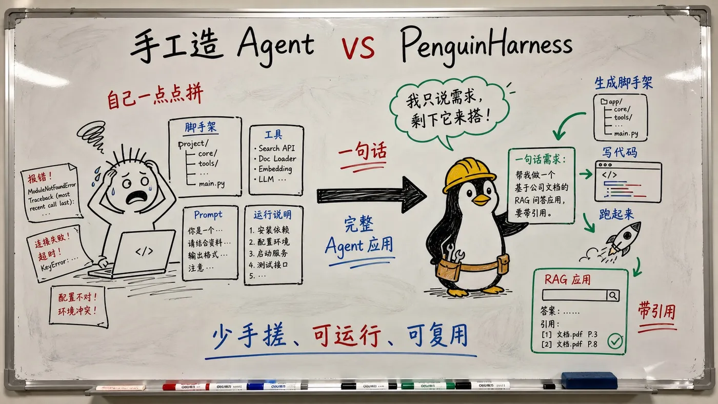 趣味创作白板图：手工拼 Agent 与 PenguinHarness 一句话生成应用的对比