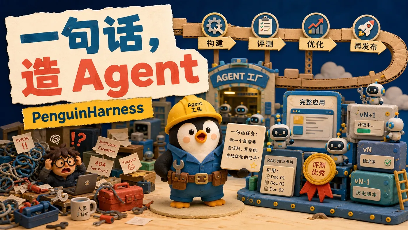 PenguinHarness 封面：定格黏土微缩剧场里的 Agent 工厂和自进化闭环