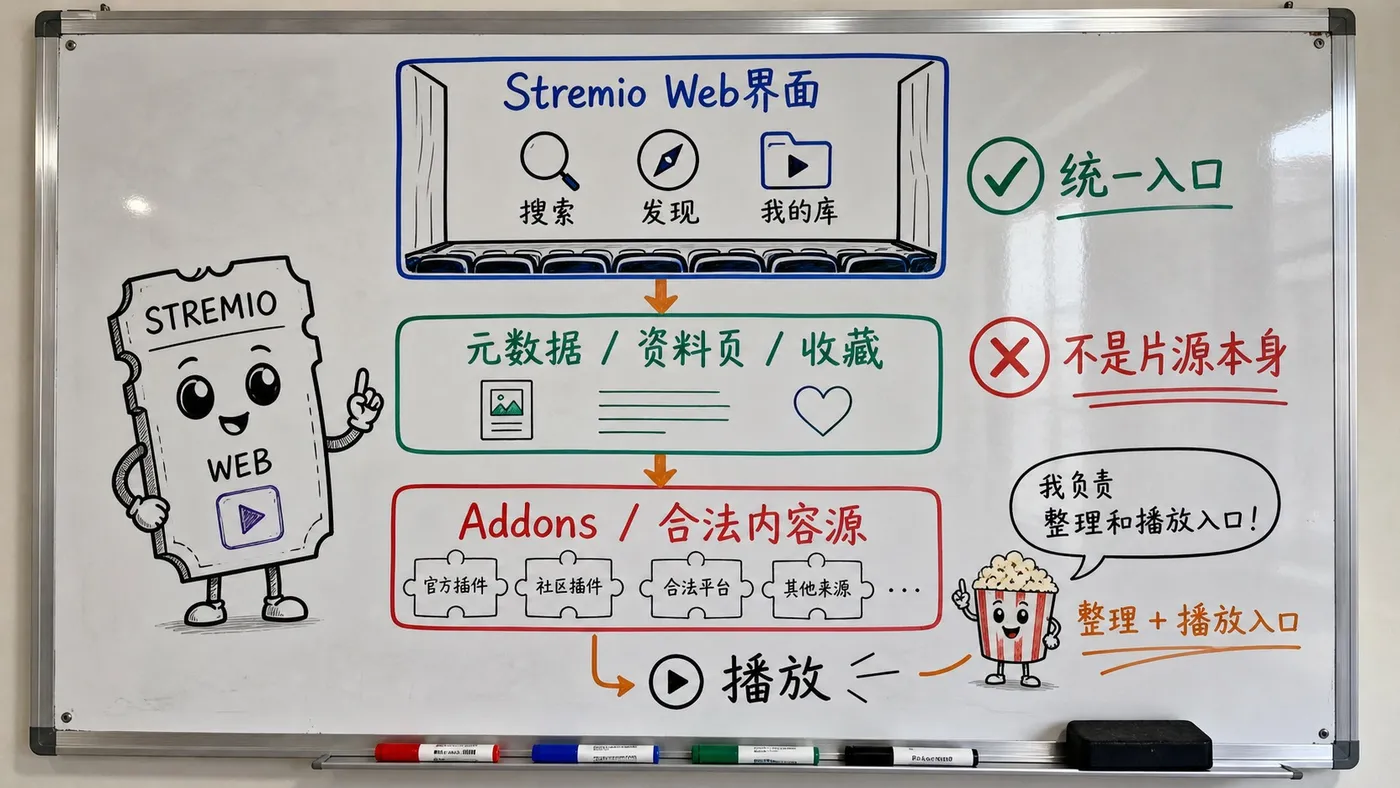 白板手绘创作图：Stremio Web 的界面、元数据、Addon 与播放分层