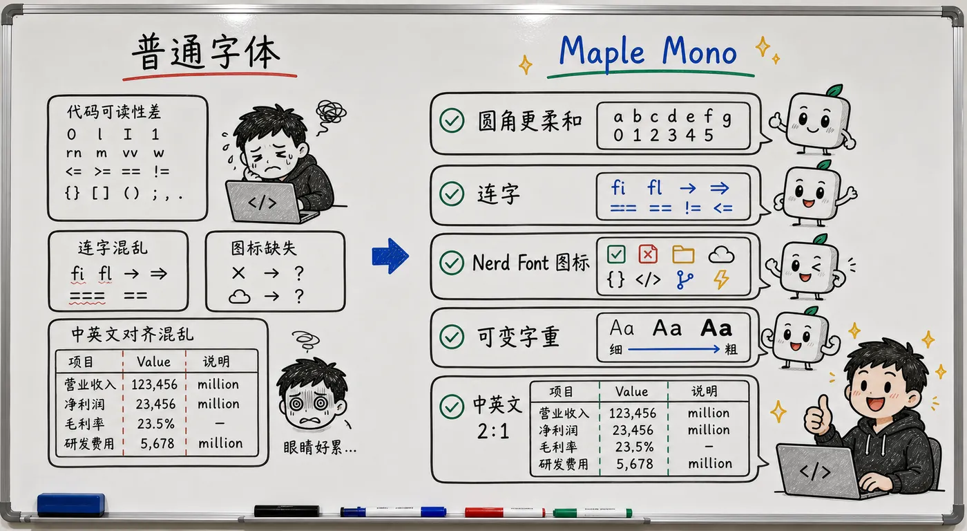 趣味白板对比图：普通字体和 Maple Mono 的差别