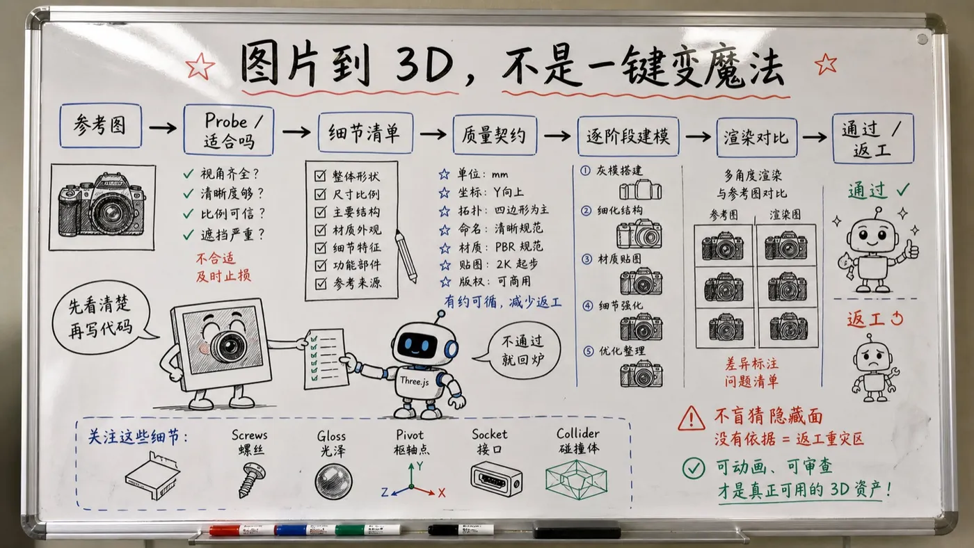 img2threejs 趣味创作白板：图片到 3D 的分阶段流水线
