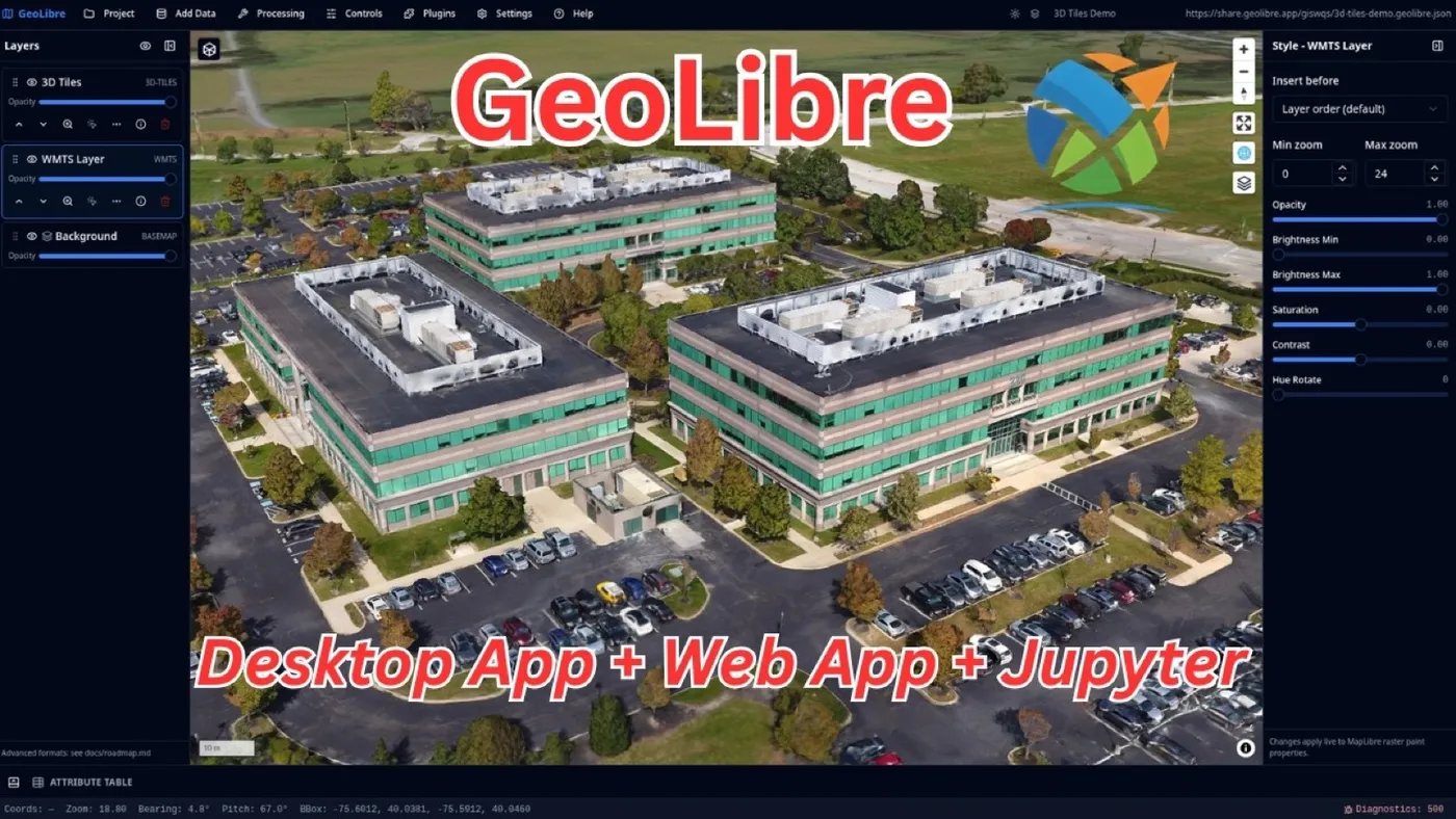 GeoLibre 官方截图：3D Tiles 与地图工作区
