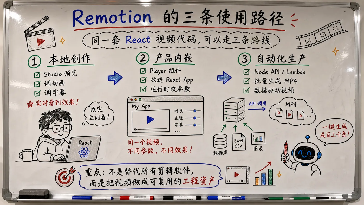 流程图：Remotion 的三条使用路径