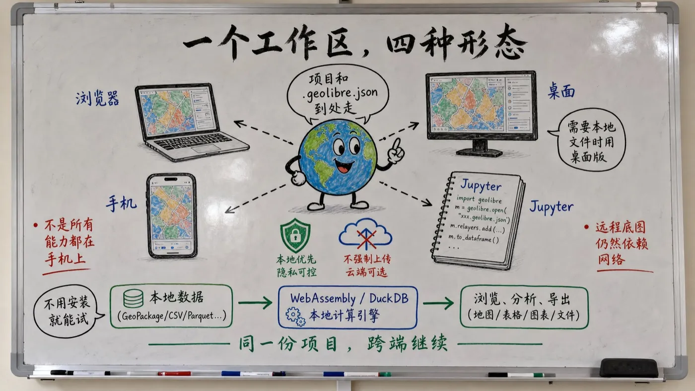 GeoLibre 趣味创作白板：浏览器、桌面、手机和 Jupyter 跨端继续