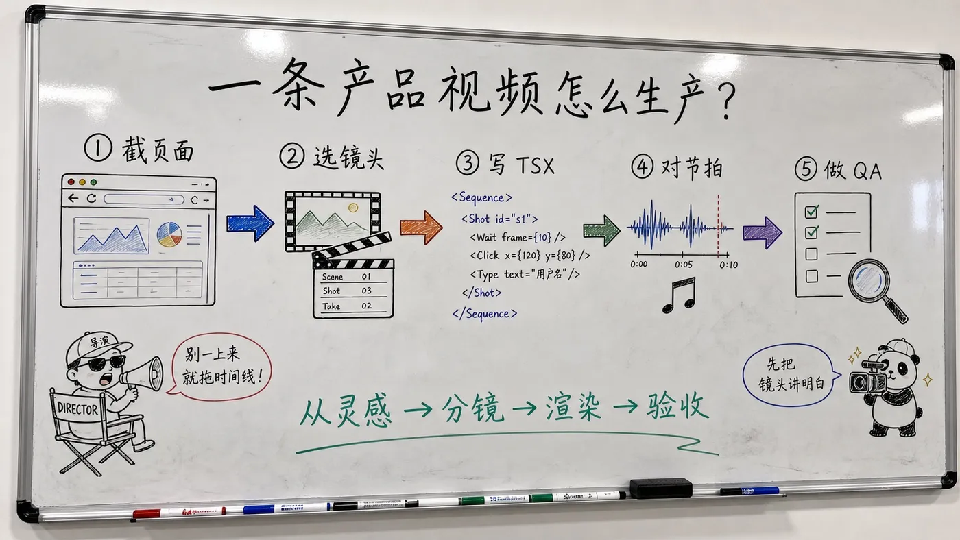 趣味场景白板流程:从页面截取到分镜、Remotion 渲染和 QA