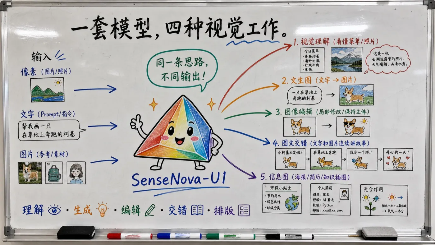 趣味创作白板图:SenseNova-U1 从输入到视觉理解、文生图、编辑、图文交错和信息图
