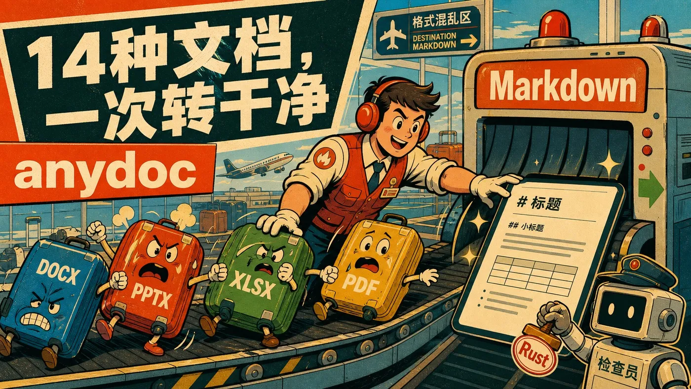 anydoc 封面：复古机场分拣风格，多个文档格式进入统一 Markdown 出口