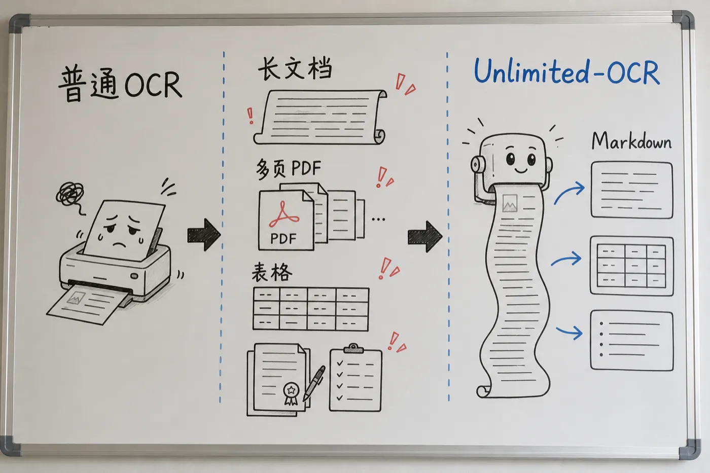 白板定位对比图：普通 OCR 到长文档解析