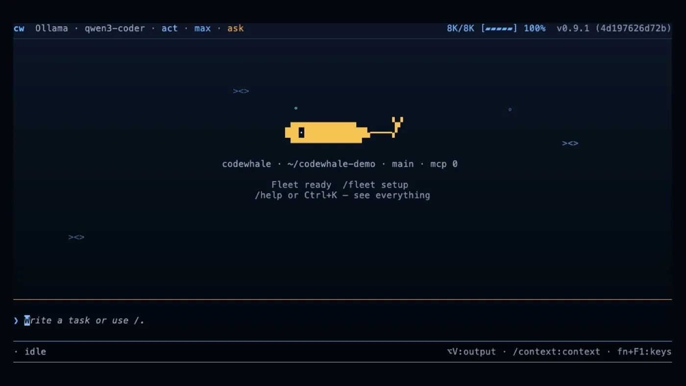 CodeWhale 官方截图:终端 TUI 与 Fleet