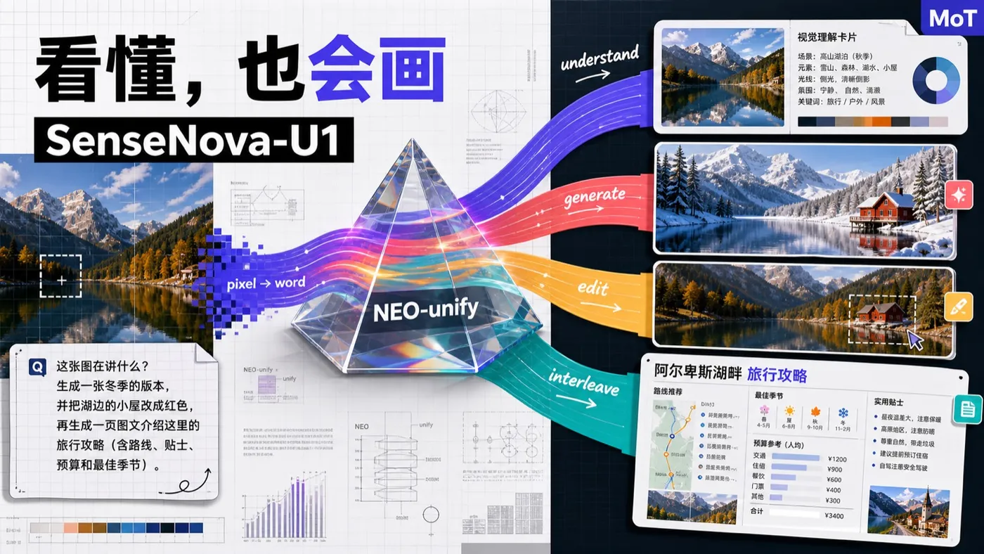 SenseNova-U1 封面:视觉与语言被一条 NEO-unify 彩色丝带统一到同一张信息画布