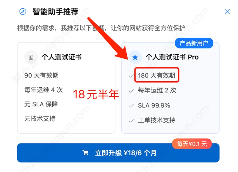 阿里云 SSL 个人测试证书 Pro:18 元半年