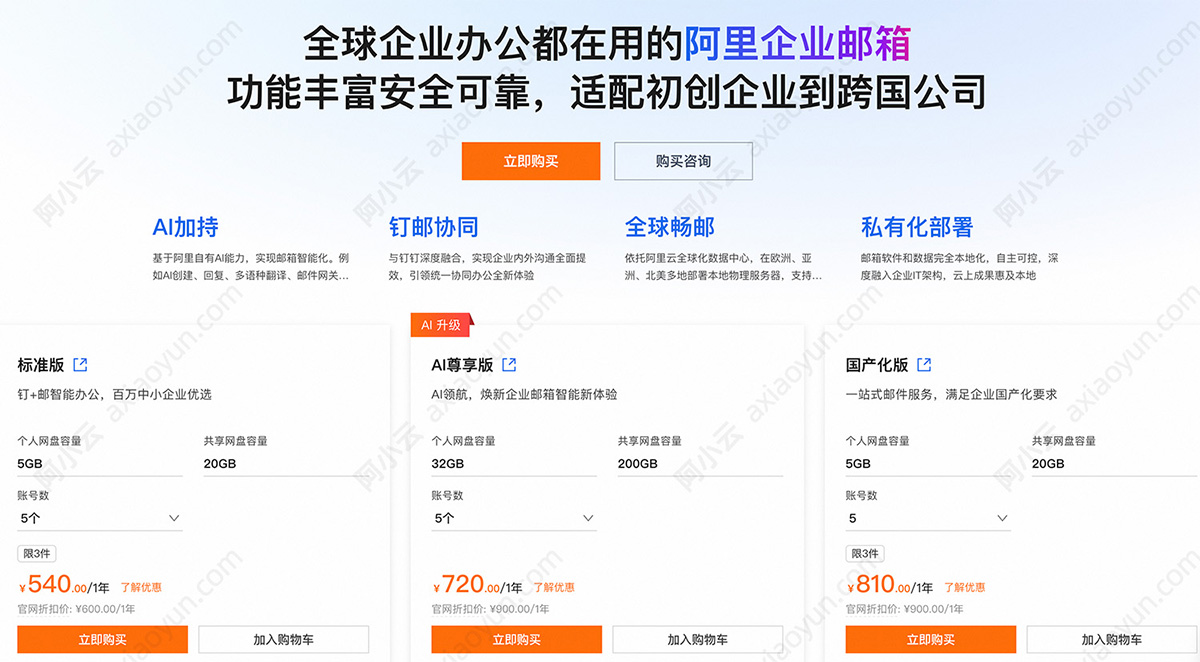 阿里云邮箱企业版收费价格