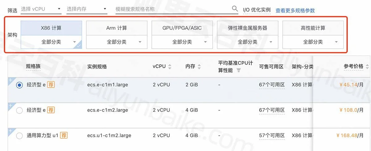 阿里云服务器ECS架构x86、Arm、异构、裸金属和高性能计算