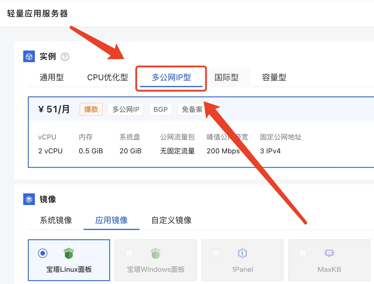 阿里云轻量应用服务器多公网IP型