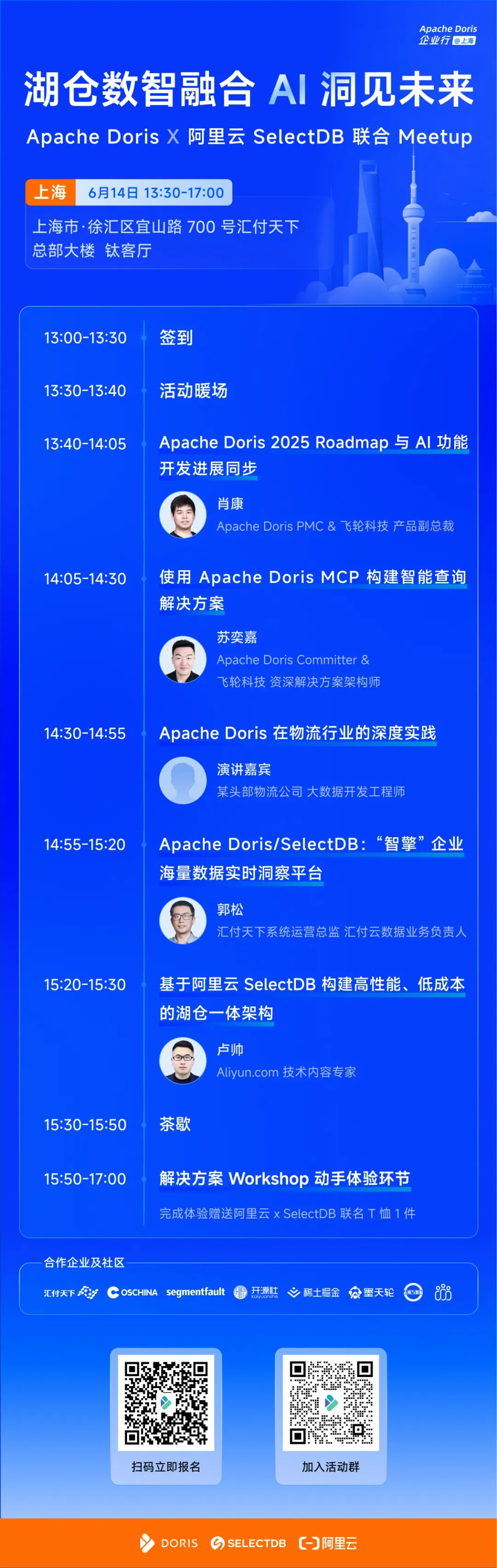 6/14 上海,Apache Doris x 阿里云 SelectDB AI 主题线下 Meetup 正式开启报名!
