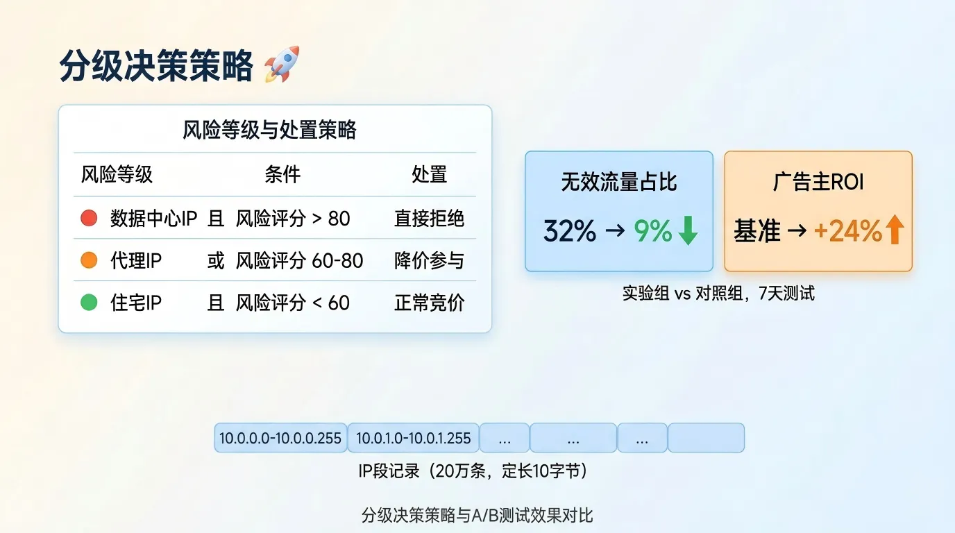 分级决策策略与AB测试效果对比 - 左侧为风险等级与处置策略表格，右侧展示无效流量占比从32%降至9%，广告主ROI提升24%.png