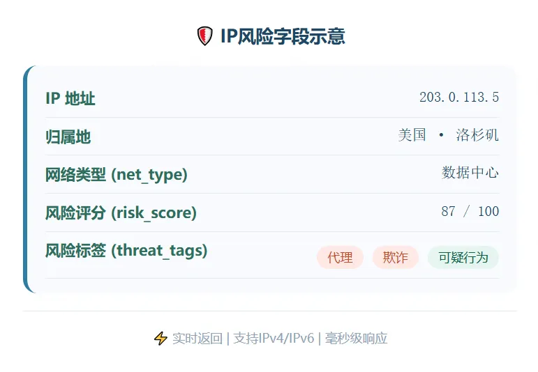 IP风险字段卡片：展示数据中心IP、风险评分、代理标签等字段示例。.png