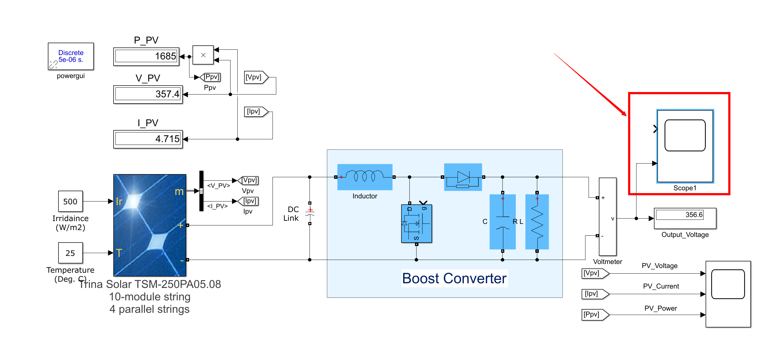使用变动和观察（Perturb and Observe）最大功率点跟踪（MPPT）算法控制升压变换器的MOSFET/IGBT（开关），以从光伏阵列中提取最大功率（Simulink仿真实现）