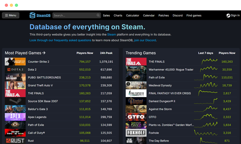 steamdb.info: steam游戏历史史低价格与在线人数查询网站