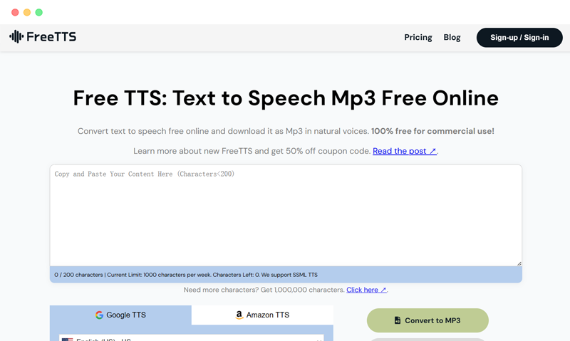 freetts: 免费在线TTS文本转语音AI配音网站