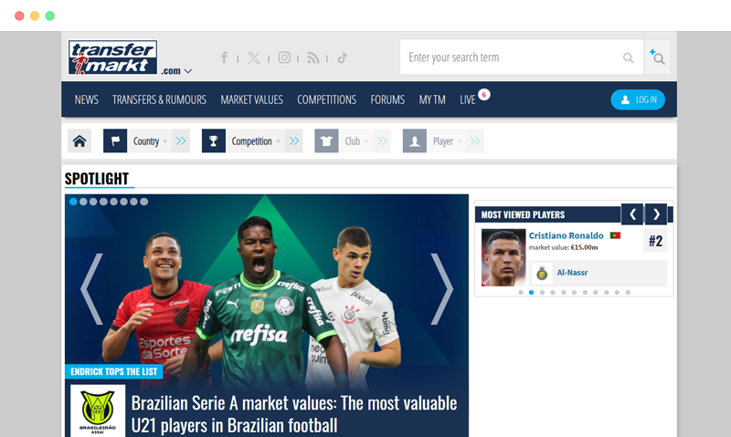Transfermarkt: 足球球员转会市场数据信息网站