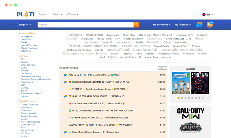 Plati.Market: 俄罗斯虚拟产品游戏交易平台网站 - 游码导航