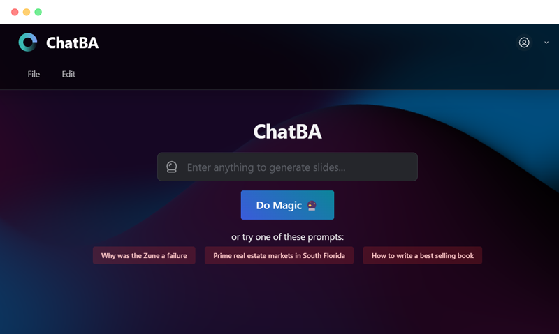 ChatBA是一个使用AI自动生成PPT幻灯片的工具