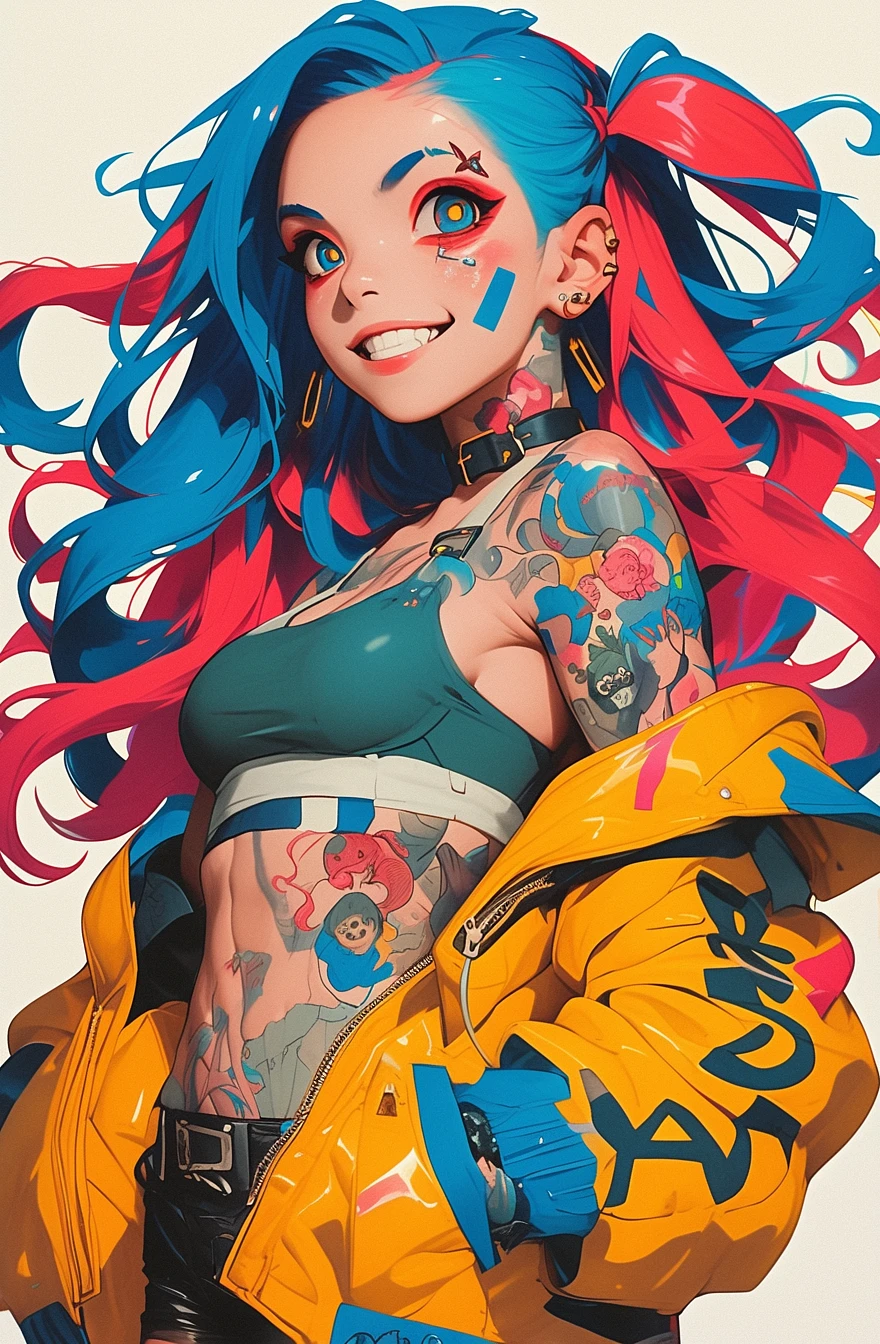 Animestyle illustration of a female character with red and blue hair