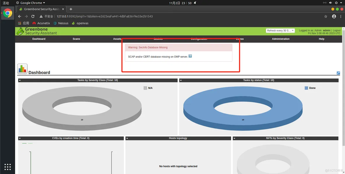 openvas报错Warning: Secinfo Database Missing SCAP and/or CERT database missing on OMP server.