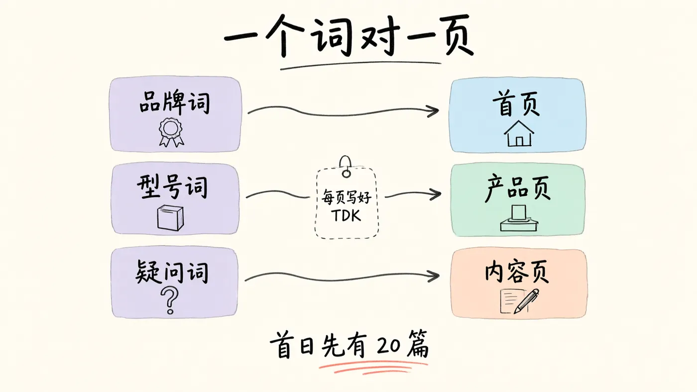 关键词地图:品牌词对首页、型号词对产品页、疑问词对内容页,每页写好 TDK