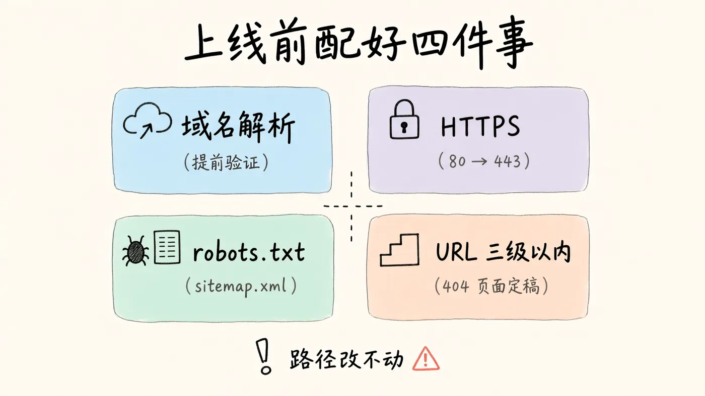 上线前先配好的四项:域名解析、HTTPS、robots.txt 与 sitemap、URL 层级