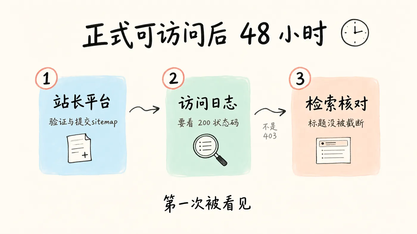 可访问后 48 小时的三步动作:站长平台提交 sitemap、日志核对 200、检索结果核对截断