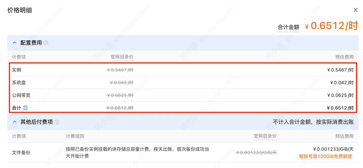 阿里云服务器ECS按量付费价格（1小时收费价格）