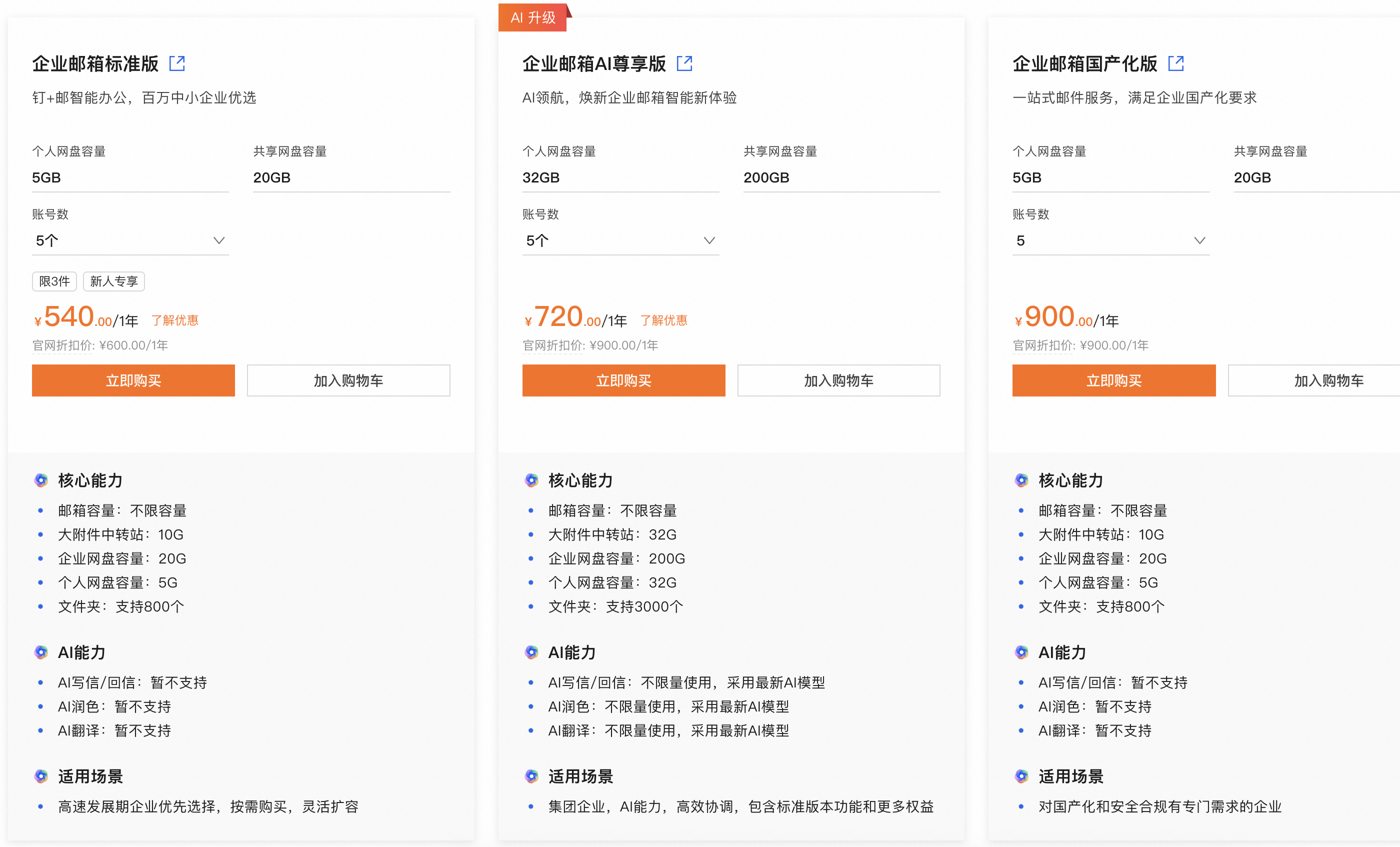 阿里企业邮箱版本价格及功能对比
