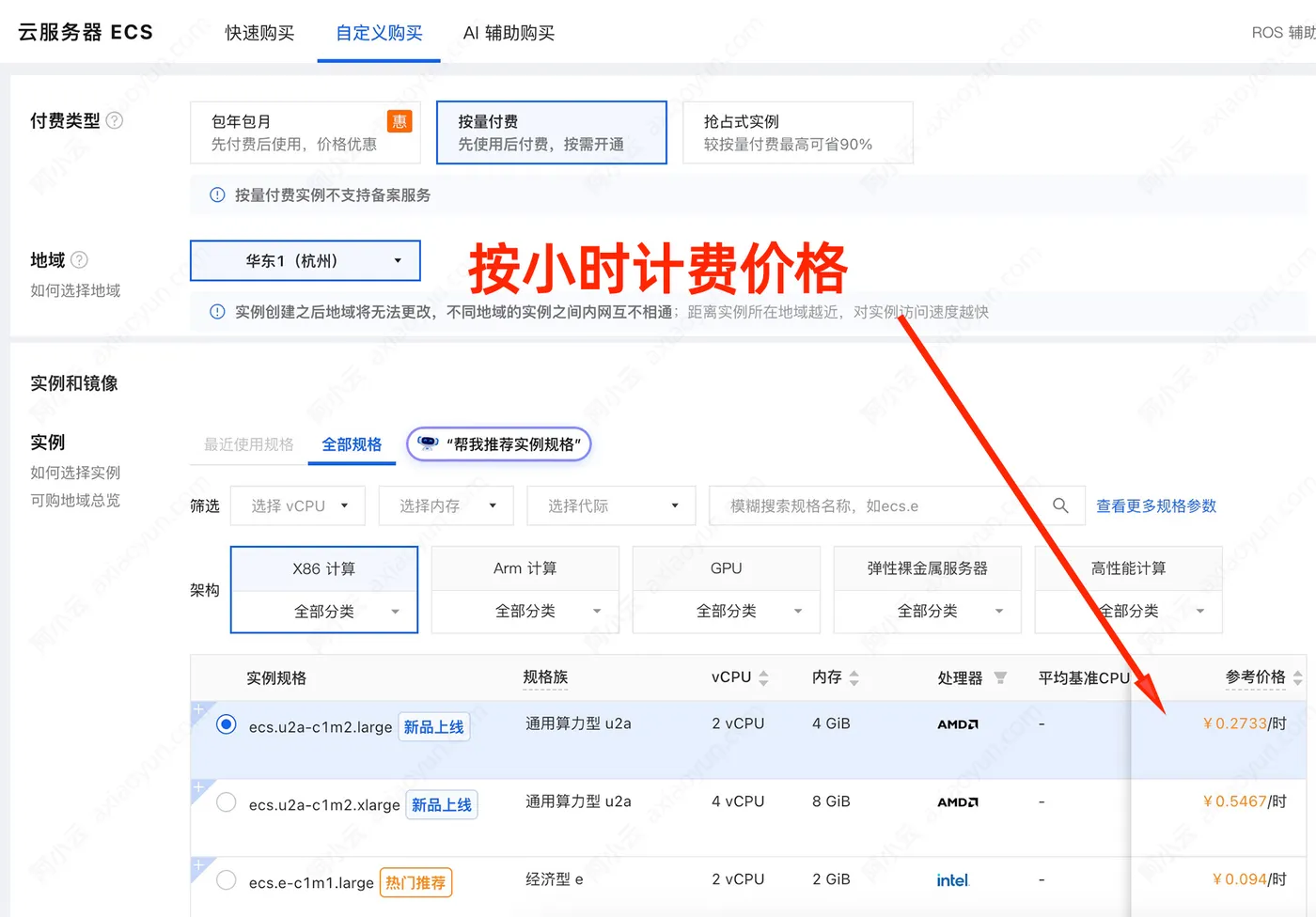阿里云服务器ECS按量付费价格