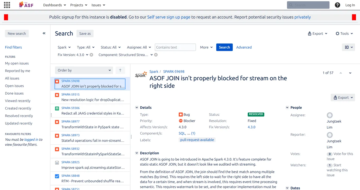 JIRA 筛选视图，4.3.0 加 Structured Streaming 组件共 57 单