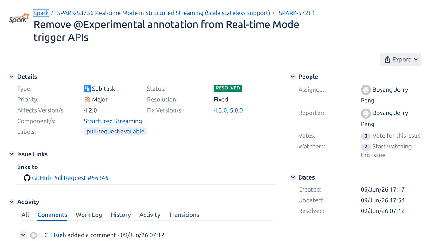 JIRA 实锤，SPARK-57281 已 RESOLVED，Fix Version 4.3.0