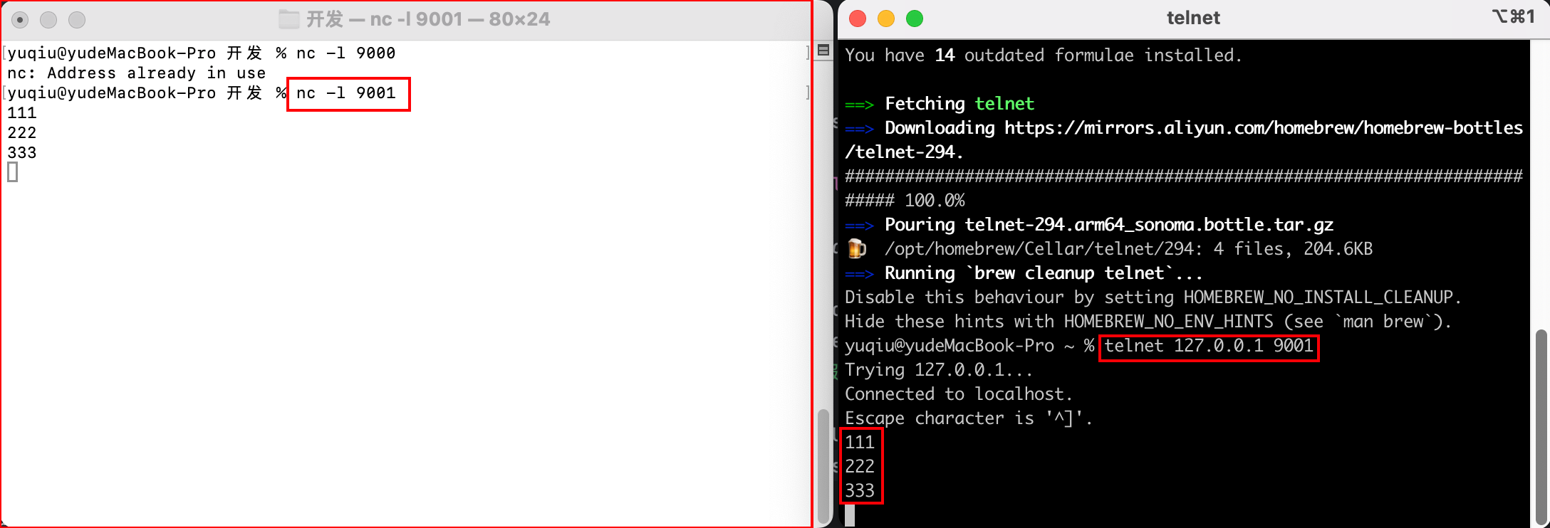 Mac使用TCP发送信息nc -l 9000 和 telnet 127.0.0.1 9000