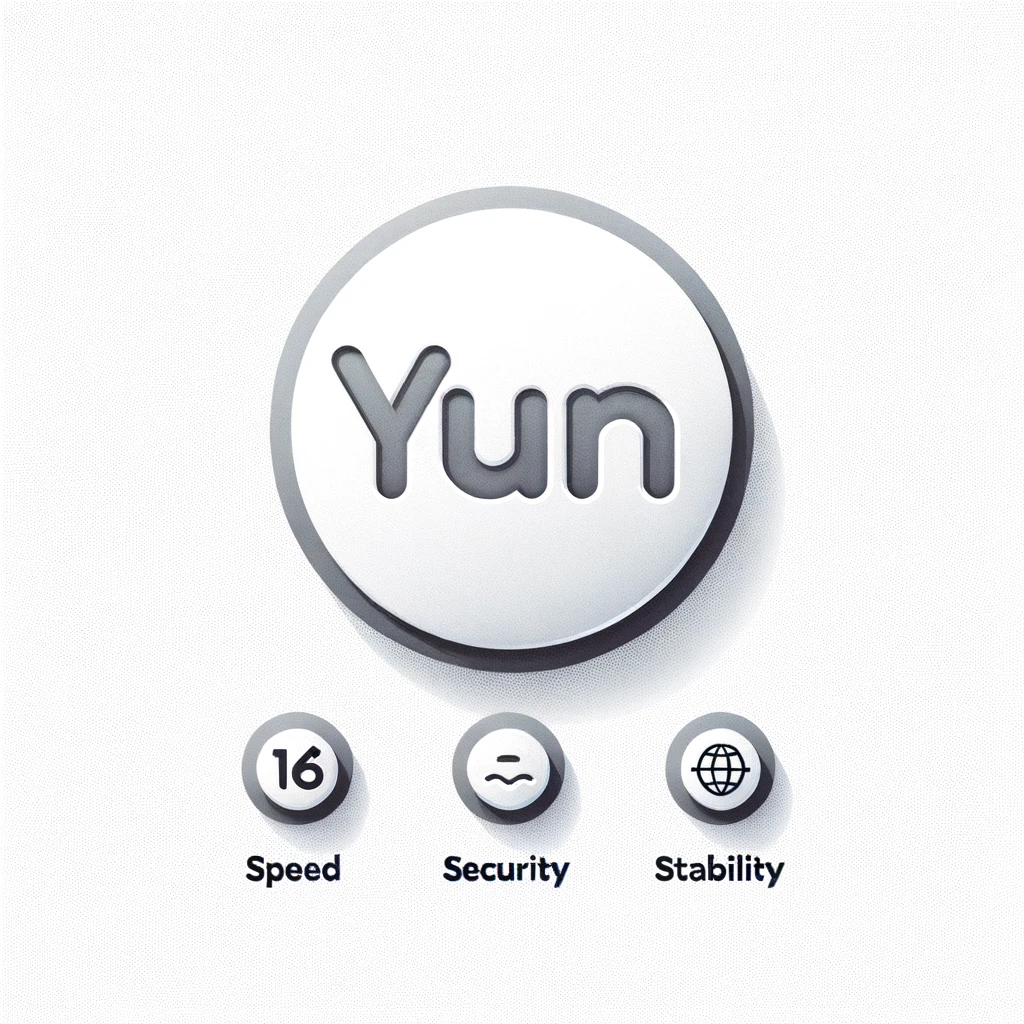 DALL·E 2023-10-11 15.19.20 - Illustration of a pristine white background with a large '16YUN' Logo centered. Beside the logo are three small icons representing speed, security, an.png