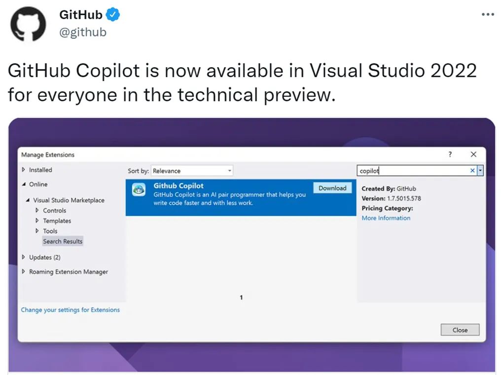 GitHub原生AI代码生成工具Copilot，官方支持Visual Studio 2022