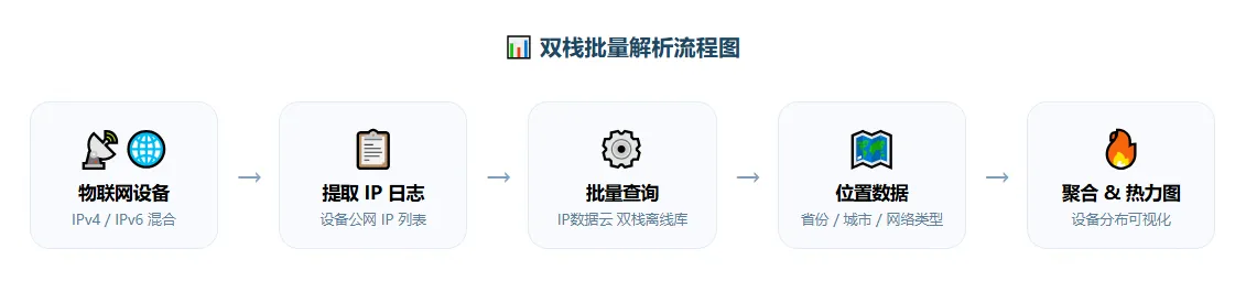 双栈批量解析流程图，展示从物联网设备IP到分布热力图的完整数据处理流程。.png