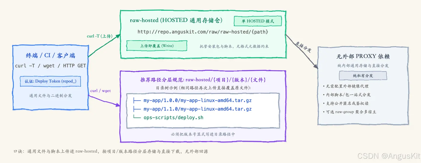 Raw 仓库拓扑：curl 上传到 HOSTED，按路径下载