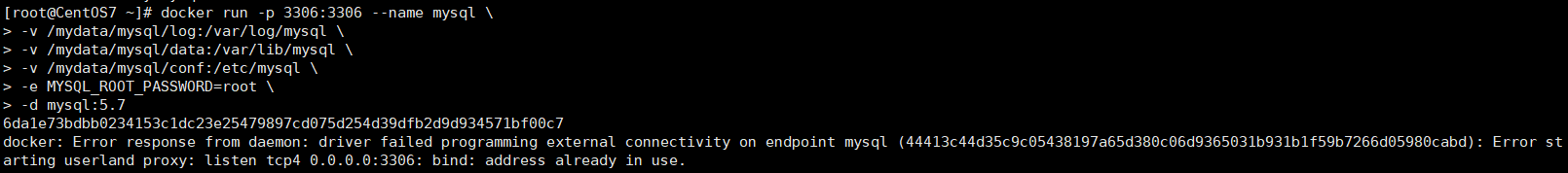 docker: Error response from daemon: driver failed programming external connectivity on endpoint mysq