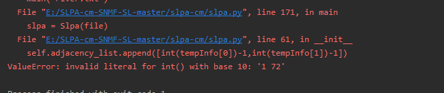 在运行python程序时 self.adjacency_list.append([int(tempInfo[0])-1,int(tempInfo[1])-1]) 报错ValueError: inv