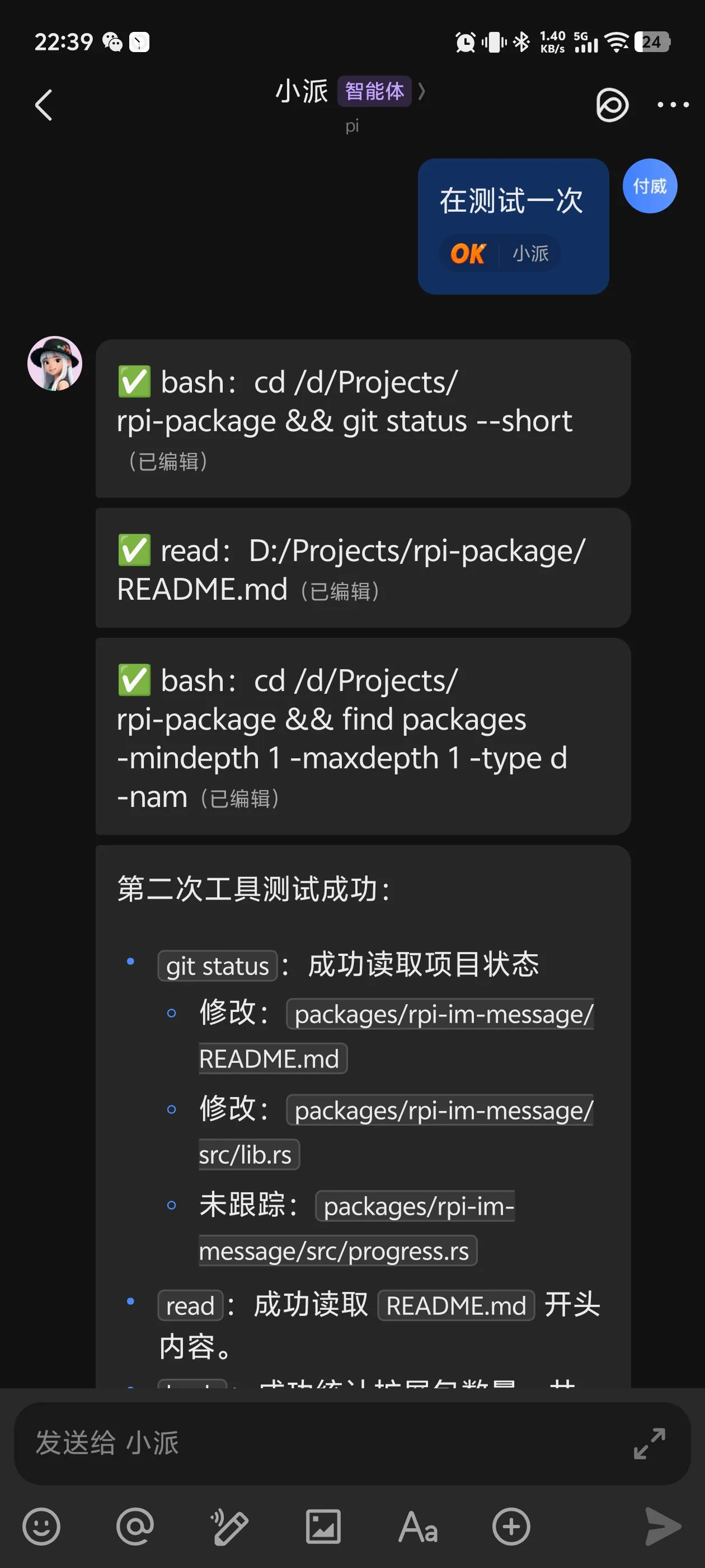 rpi Agent 在飞书中回复消息的实际截图