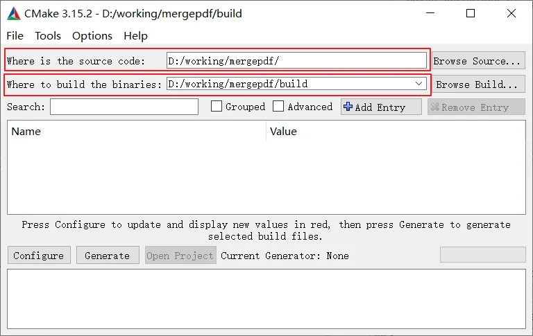 cmake-gui source&build setting