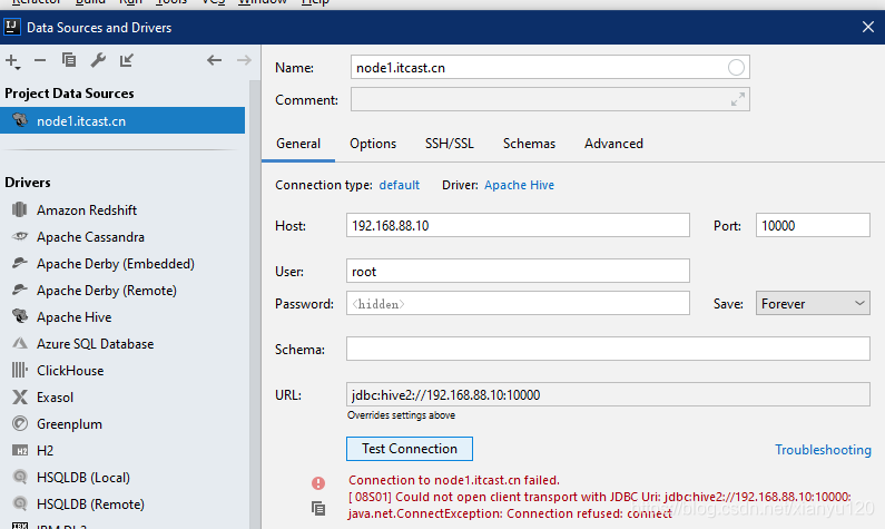 Could not open client transport with JDBC Uri: jdbc:hive2://192.168.88.10:10000: java.net.ConnectExc