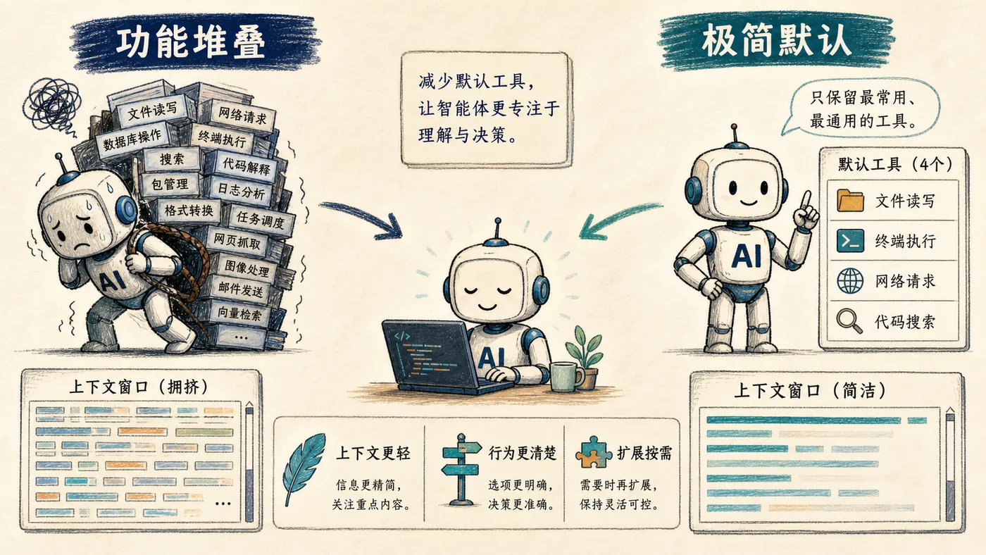 功能堆叠与极简 Coding Agent 的对比