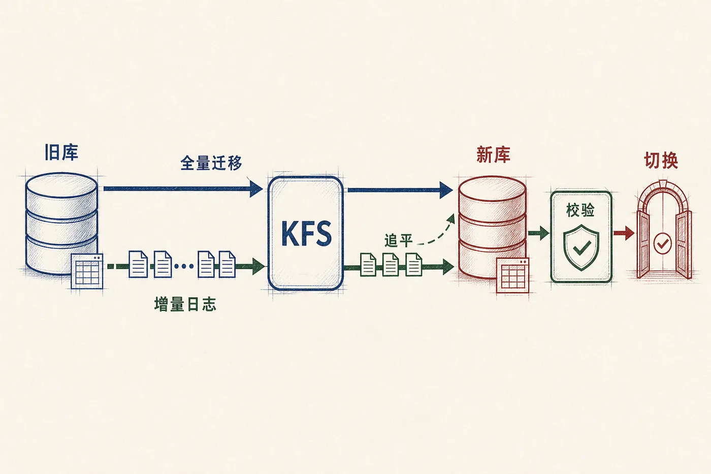 KFS 全量迁移与增量日志并行追平流程